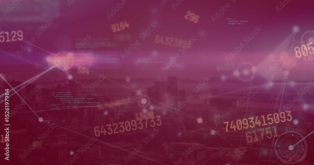 Poster image of changing numbers and statistical data processing against aerial view of cityscape