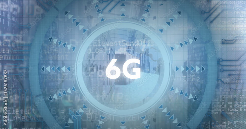 Wall mural image of 6g text over round scanner and spinning globe against empty computer server room