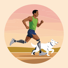 Athletic man with prosthetic legs running with dog at sunset, symbol of strength and resilience
