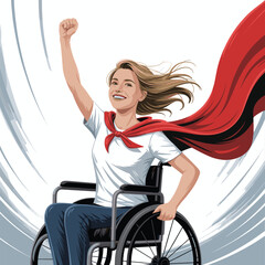 Empowered woman in wheelchair wearing red superhero cape, raising fist in triumph and confidence
