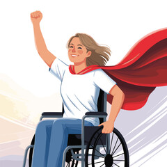Empowered woman in wheelchair wearing red superhero cape, raising fist in triumph and confidence
