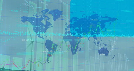 Image of financial data processing and world map over wind turbine