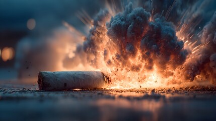 An exploded cigarette lies on the ground after igniting with smoke and a fiery orange and white explosion.