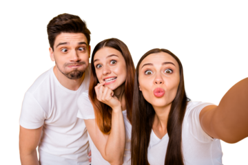 Self-portrait of three nice attractive lovely crazy cheerful cheery positive playful person sending you kiss having fun fooling isolated over bright vivid shine yellow background