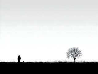 A solitary figure walks their dog on a horizon line near a tree in a black and white landscape photo.