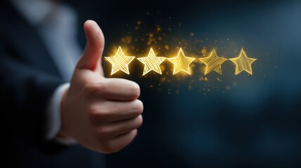 Thumb up beside floating five-star infographic rating in air