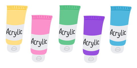Colorful set of acrylic paint tubes in simple hand drawn flat design on white background. Represents creativity, artistic tools and painting supplies for creative expression