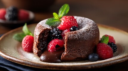 Decadent Chocolate Lava Cake with Fresh Berries and Mint Garnish
