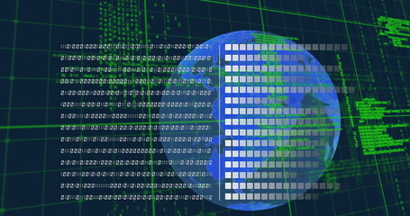 Fototapeta premium Semitransparent Earth showing binary streams and blocks in digital space, with green grid and code