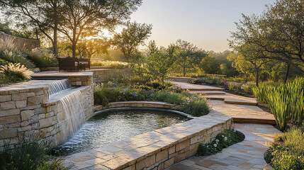 serene landscape featuring stone pathway, water feature, and lush greenery, evoking tranquility