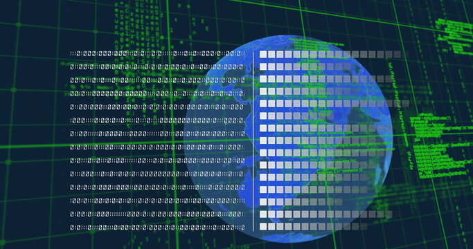 Semitransparent Earth showing binary streams and blocks in digital space, with green grid and code