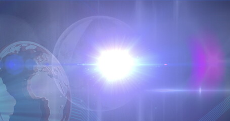 Emitting light burst and scattering lens flares in digital space, with wireframe globe and sphere
