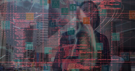 Image of data processing over african american businesswoman talking on smartphone