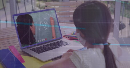 Image of data processing over rear view of girl wearing face mask having a image call on laptop