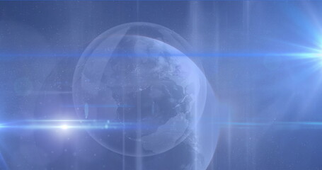 Fototapeta premium Image of blue light spots over globe against blue background