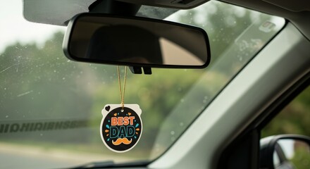 Close-up of BEST DAD air freshener hanging on a car's rearview mirror. Sentimental Father's Day gift inside a vehicle.