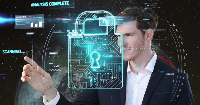 Image of data processing over caucasian man and moon