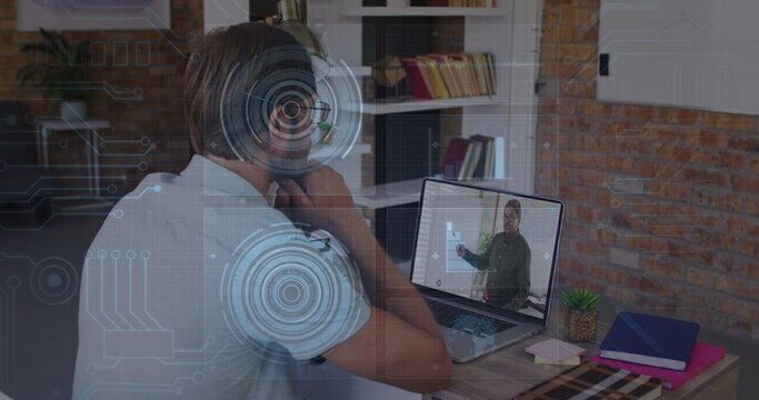 Image of data processing over caucasian male teacher having a image call on laptop