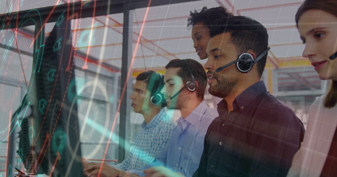 Image of data processing over team of diverse customer care executives working at office