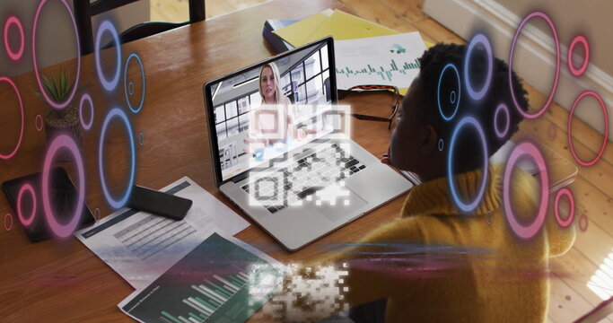 Image of colourful puzzle pieces and school icons over happy friends at summer beach party