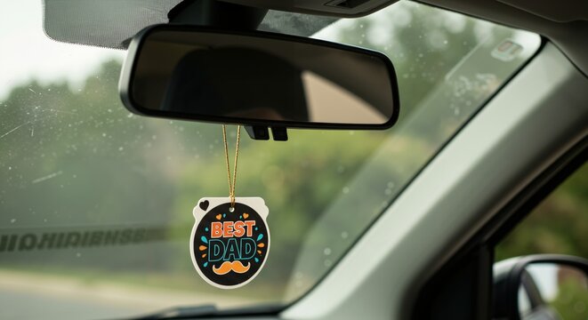 Fototapeta Close-up of BEST DAD air freshener hanging on a car's rearview mirror. Sentimental Father's Day gift inside a vehicle.