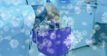 Image of virus cells over caucasian doctor in lab