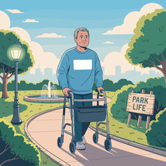 Elderly man with walker enjoying a peaceful walk in city park near fountain on sunny day
