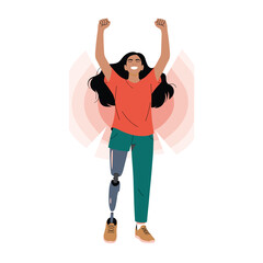 Confident young woman with prosthetic leg raising arms in victory pose, symbol of empowerment and resilience
