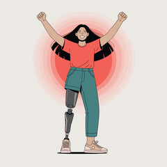 Confident young woman with prosthetic leg raising arms in victory pose, symbol of empowerment and resilience
