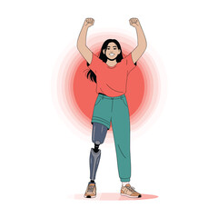 Confident young woman with prosthetic leg raising arms in victory pose, symbol of empowerment and resilience
