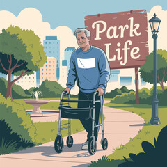 Elderly man with walker enjoying a peaceful walk in city park near fountain on sunny day
