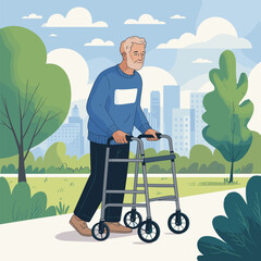 Elderly man with walker enjoying a peaceful walk in city park near fountain on sunny day
