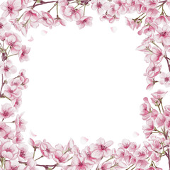 Square frame of cherry blossoms. Small pink sakura flowers. Spring blossom. Petals and branches. Watercolor illustration isolated from background. Hand drawing. Template for postcard.