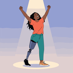 Confident young woman with prosthetic leg raising arms in victory pose, symbol of empowerment and resilience
