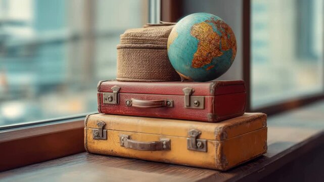 Vintage suitcases and a globe sit stacked by a window, symbolizing travel, adventure, and exploration.