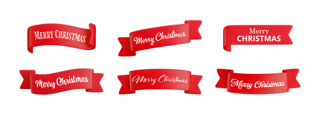 Vector cartoon 3d Merry Christmas red ribbon set. Realistic 3d decorative design element collection with text for holiday design, new year greeting card, decor, Xmas sticker, banner.