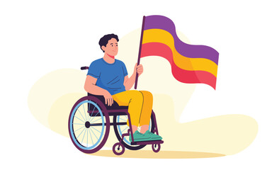 Proud cartoon man in wheelchair holding rainbow LGBTQ+ flag, symbol of inclusion and diversity

