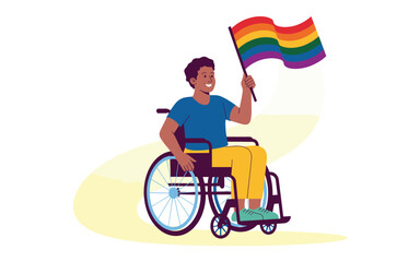 Proud cartoon man in wheelchair holding rainbow LGBTQ+ flag, symbol of inclusion and diversity
