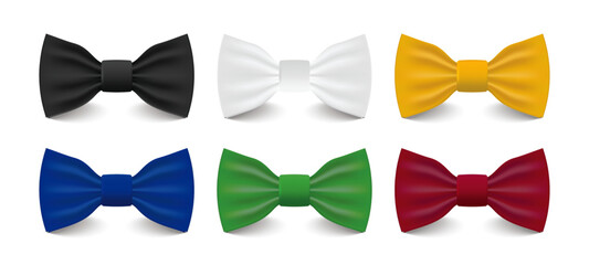 3D Realistic Bow Tie Set, Black, White, Yellow, Red, Blue, Green, Silk Glossy Bowtie, Gentleman, Male, Man and Boy Accessory, Fashion Design Template. Vector.