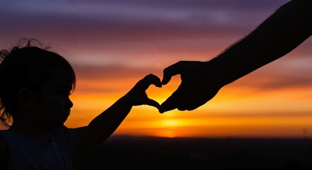 Silhouette of Child and Adult Making Heart Gesture at Sunset, Symbolizing Love and Connection