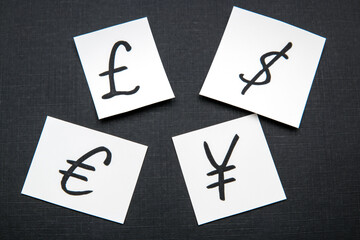 Dollar, Euro, Pound and Yen currency symbols.

