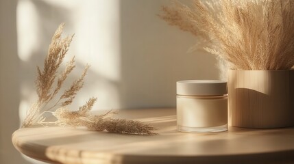 Beige cream jar with plants sits on a wooden table in the sunlight. Great for showcasing skincare or natural beauty product branding.