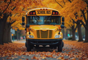 School bus parked under vibrant autumn trees in morning light