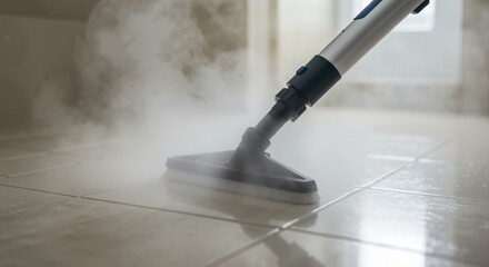 Steam mop cleaning a light colored tiled floor with hot vapor. Household chore for deep cleaning and sanitizing surfaces effectively.