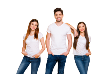 Portrait of cheerful ladies with guy having long foxy ginger hair putting their hands in pockets isolated over yellow background