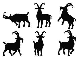 Goat Silhouette Vector Set, Farm Animal Clipart in Bold Black Style.