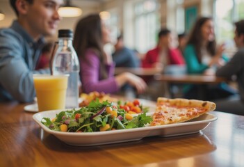 Cafeteria table featuring a lunch tray with salad, pizza, and a water bottle