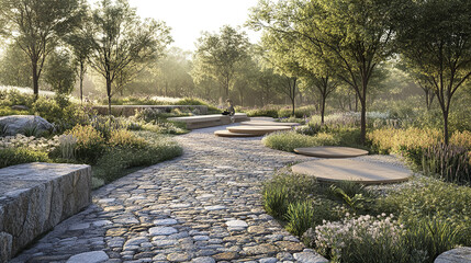 serene landscape featuring winding stone path surrounded by lush greenery and blooming flowers