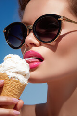 a glamorous woman with glossy pink lips licking a vanilla ice cream cone, wearing large round sunglasses