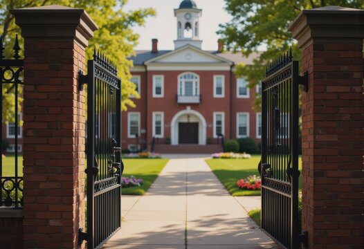 Red brick school building with an open gate inviting students and visitors